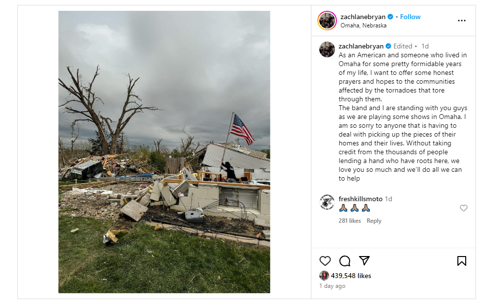 Zach Bryan lends hand in Nebraska disaster relief following tornado